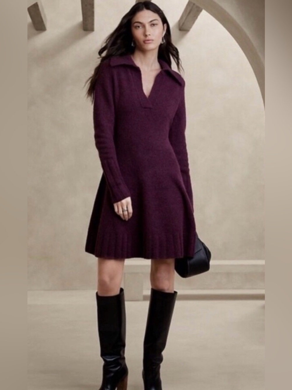 Banana Republic Luxury Wool & Yak Hair Knit Polo Dress Purple Plum S
